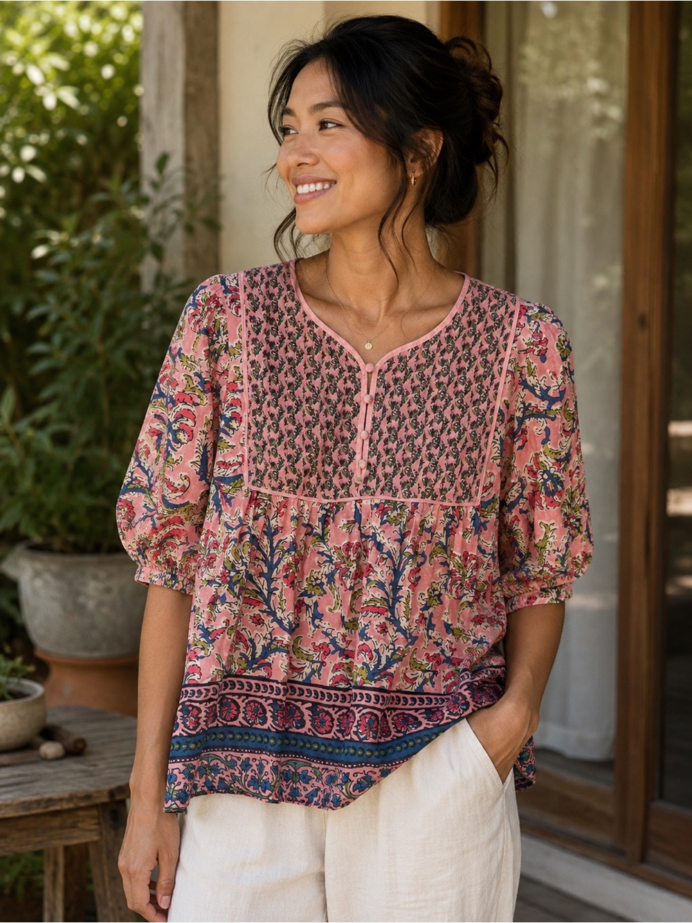 Farmers Market Pink Floral Bohemian Short-Sleeve Peasant Blouse Sz M
